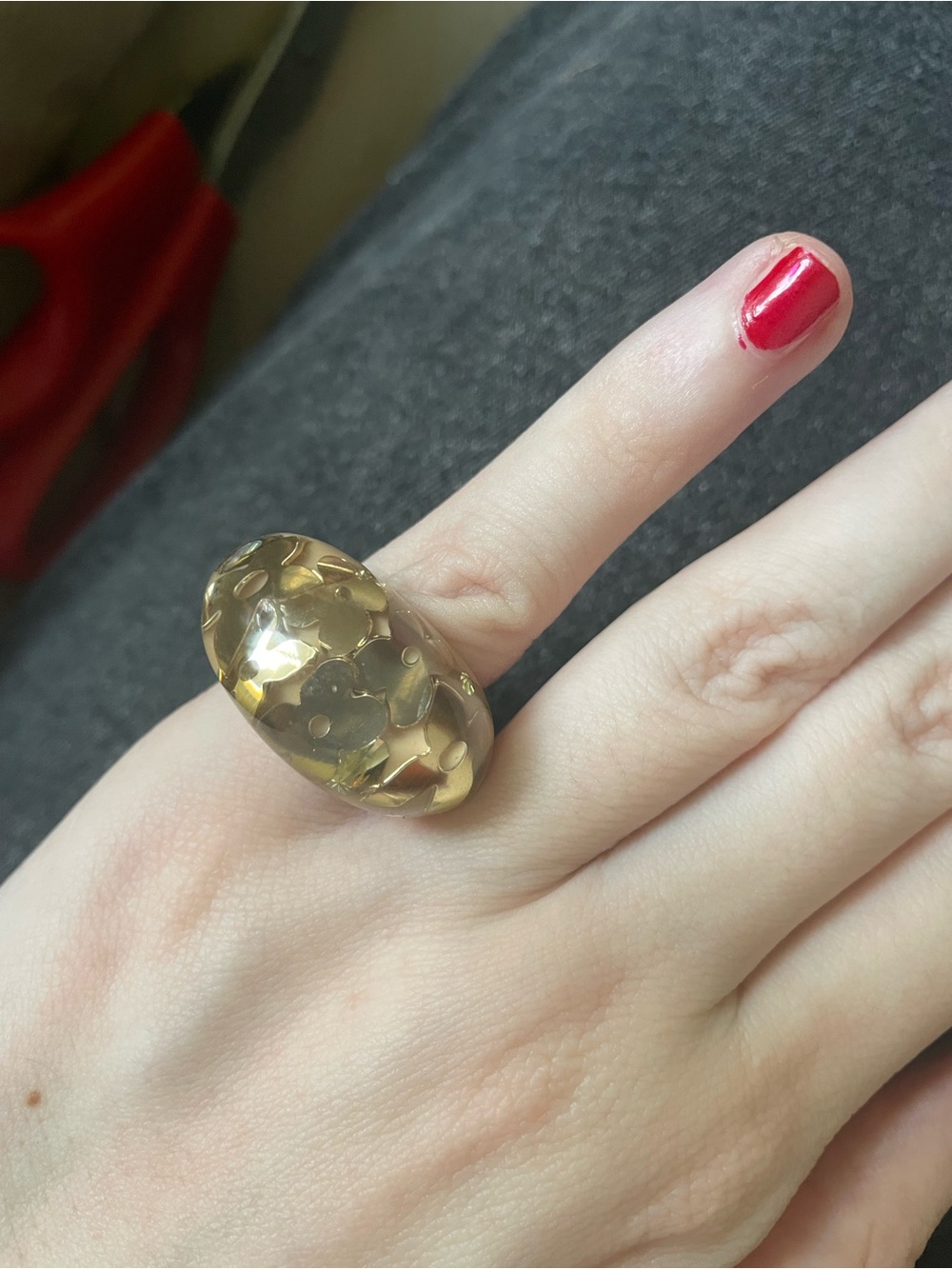 Authentic Louis Vuitton, resin ring, gold flowers inside